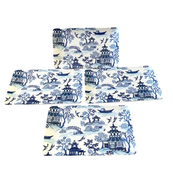 Shabby Chic Melamine Chinoiserie Appetizer Plates White & Blue Willow Set 4 New - Picture 8 of 12